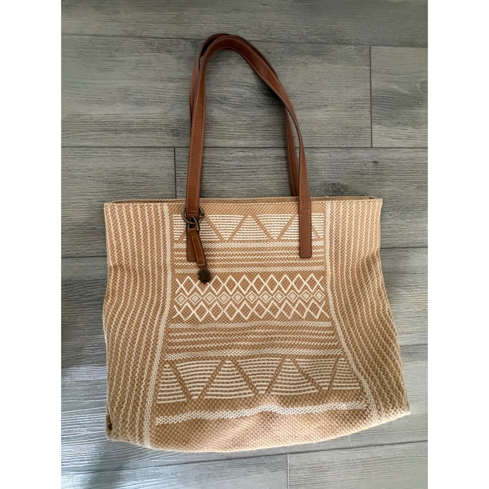 Lucky Brand Tan Woven Geometric Tribal Tote Bag Brown Leather Trim Shoulder Bag